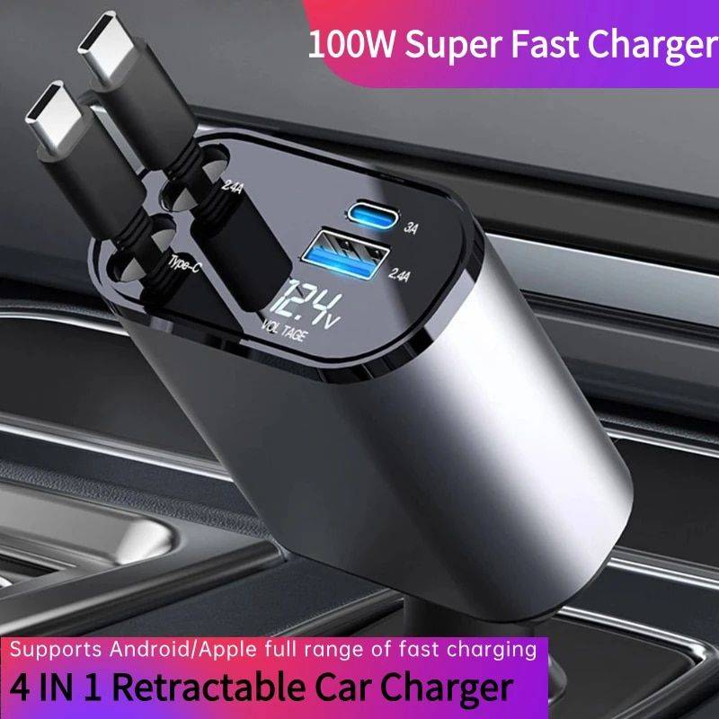 High-Speed 4-in-1 Retractable Car Charger with Dual USB, Type-C & Lightning Cables Gadgets