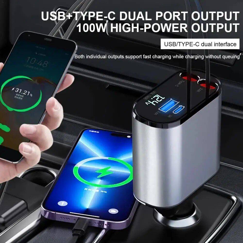 High-Speed 4-in-1 Retractable Car Charger with Dual USB, Type-C & Lightning Cables Gadgets