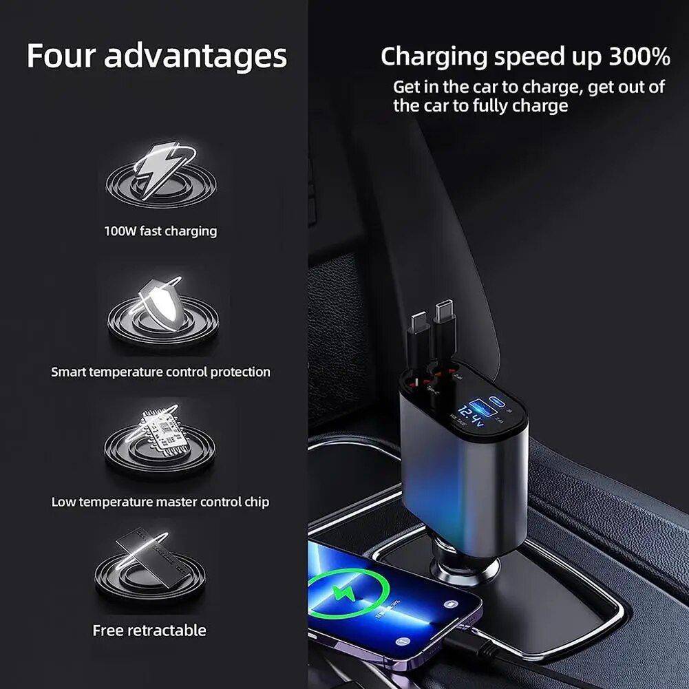 High-Speed 4-in-1 Retractable Car Charger with Dual USB, Type-C & Lightning Cables Gadgets