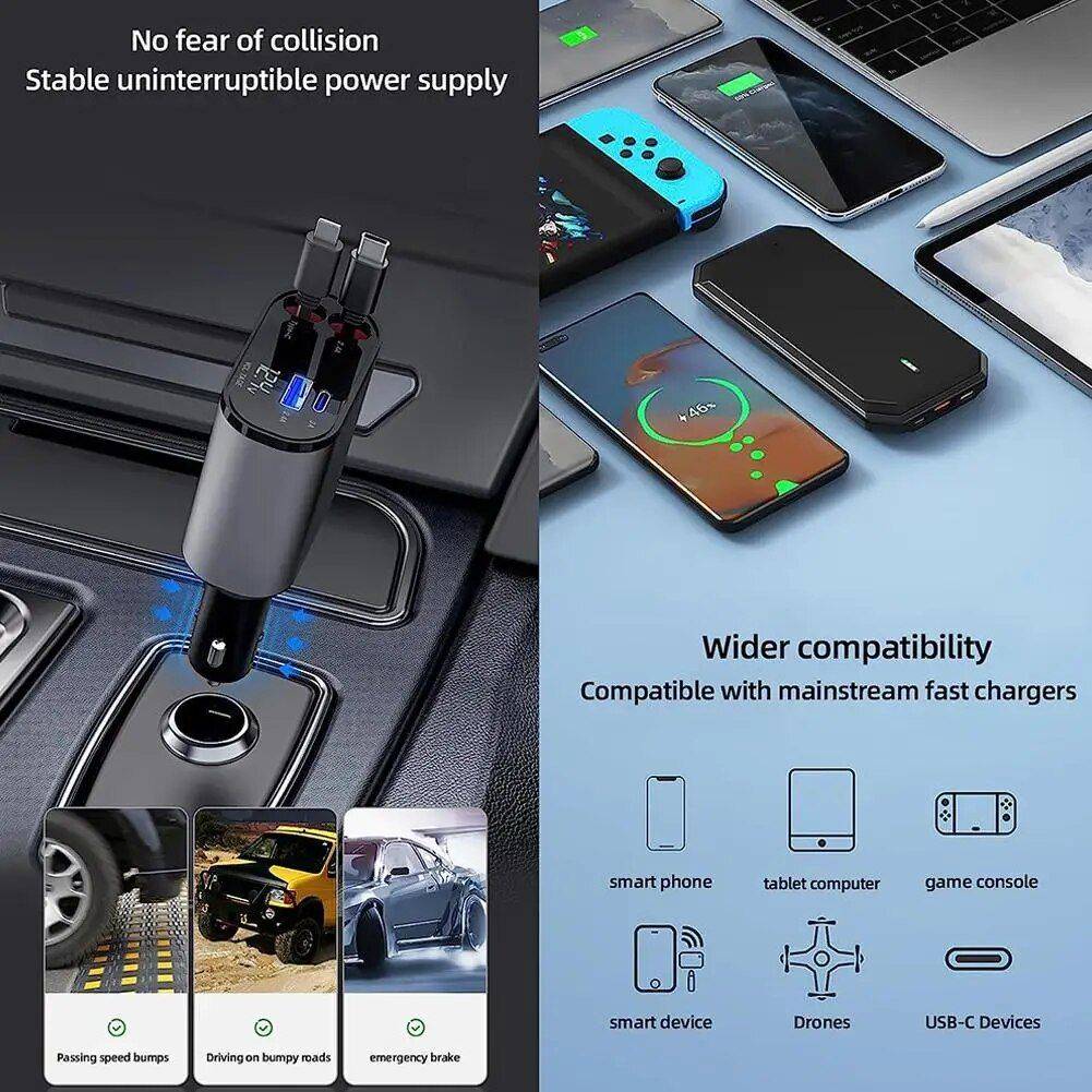 High-Speed 4-in-1 Retractable Car Charger with Dual USB, Type-C & Lightning Cables Gadgets