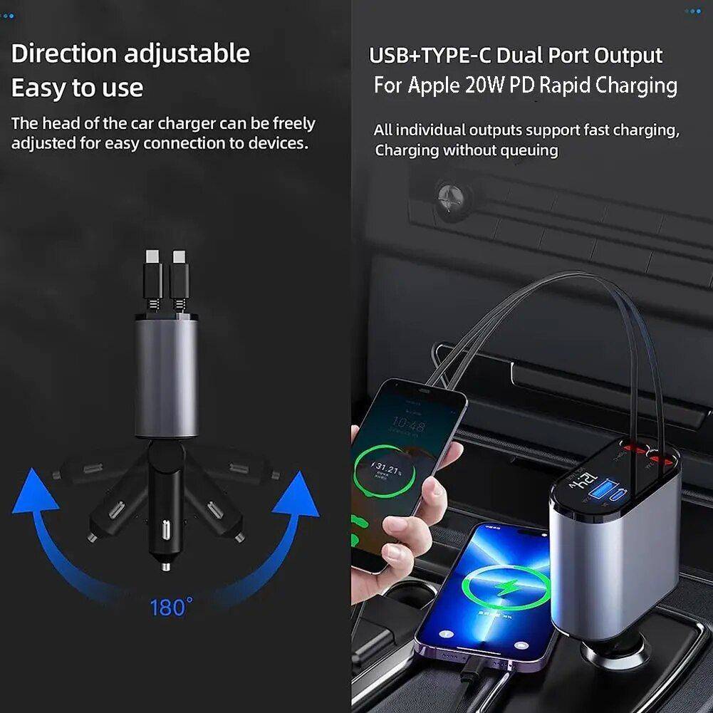 High-Speed 4-in-1 Retractable Car Charger with Dual USB, Type-C & Lightning Cables Gadgets