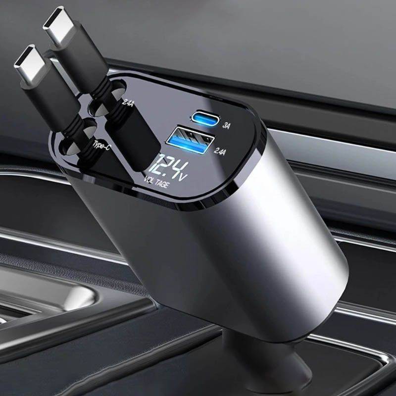 High-Speed 4-in-1 Retractable Car Charger with Dual USB, Type-C & Lightning Cables Gadgets