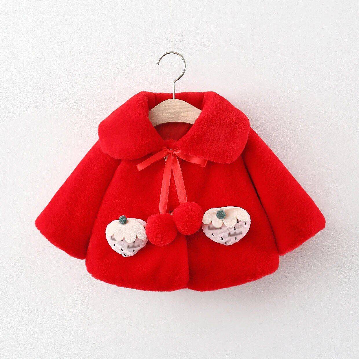 Charming Strawberry Plush Winter Jacket for Baby Girls Apparel