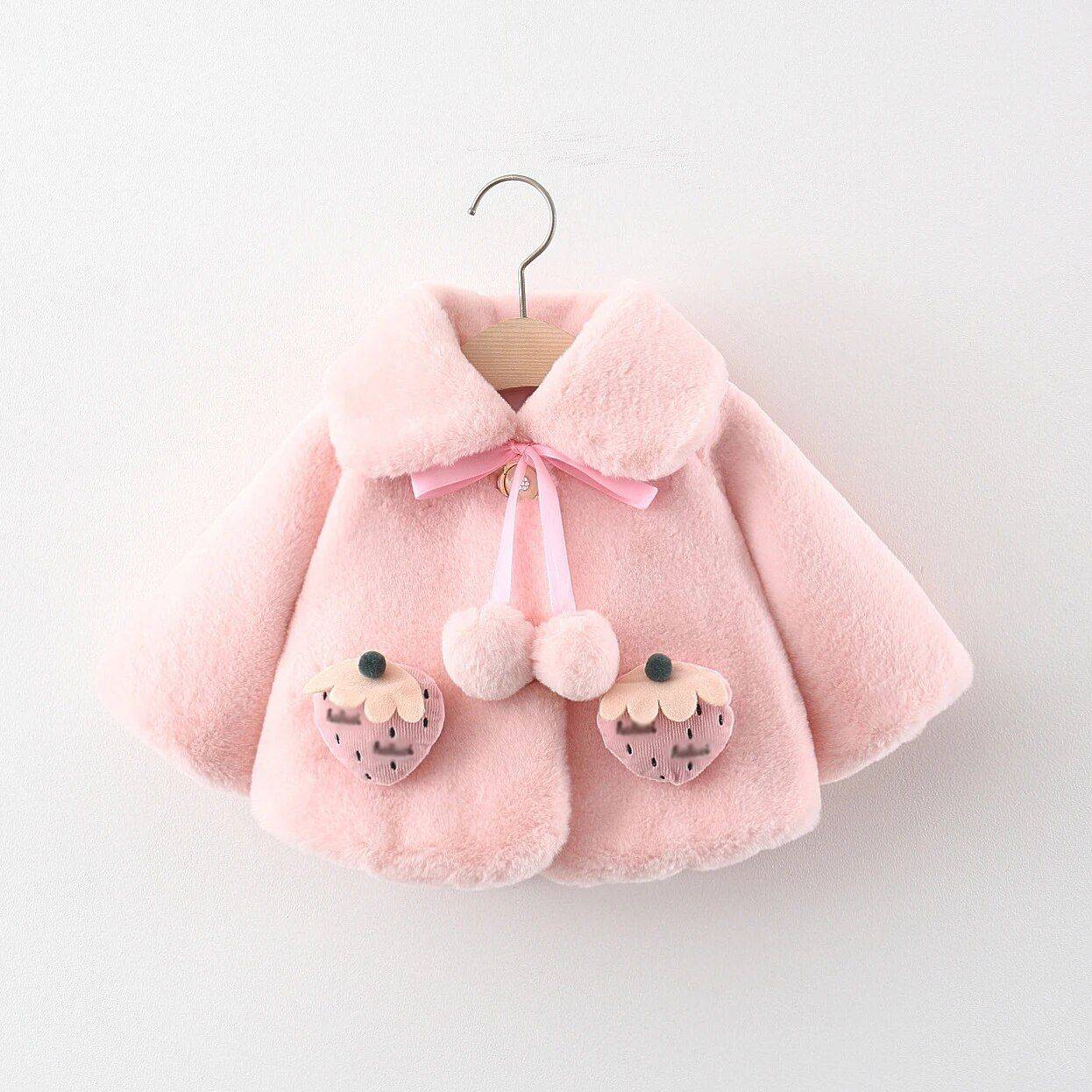 Charming Strawberry Plush Winter Jacket for Baby Girls Apparel