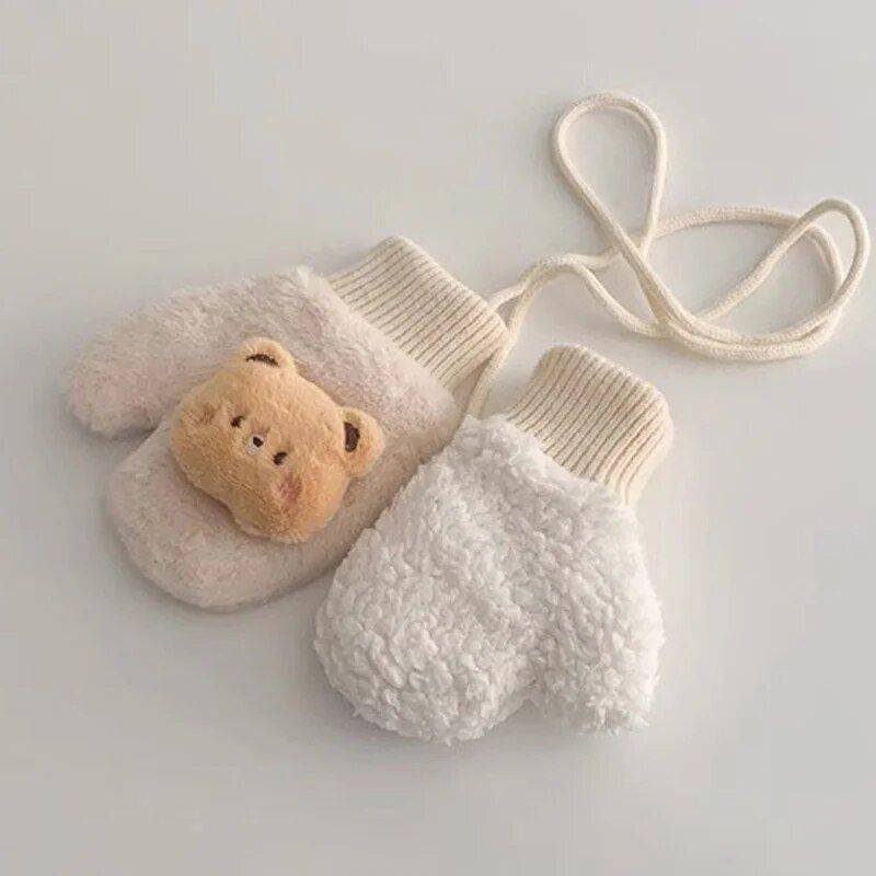 Cozy Plush Cartoon Winter Mittens for Toddlers 1-4 Years – Full Finger Warm Baby Gloves with Neck String Gloves & Mittens