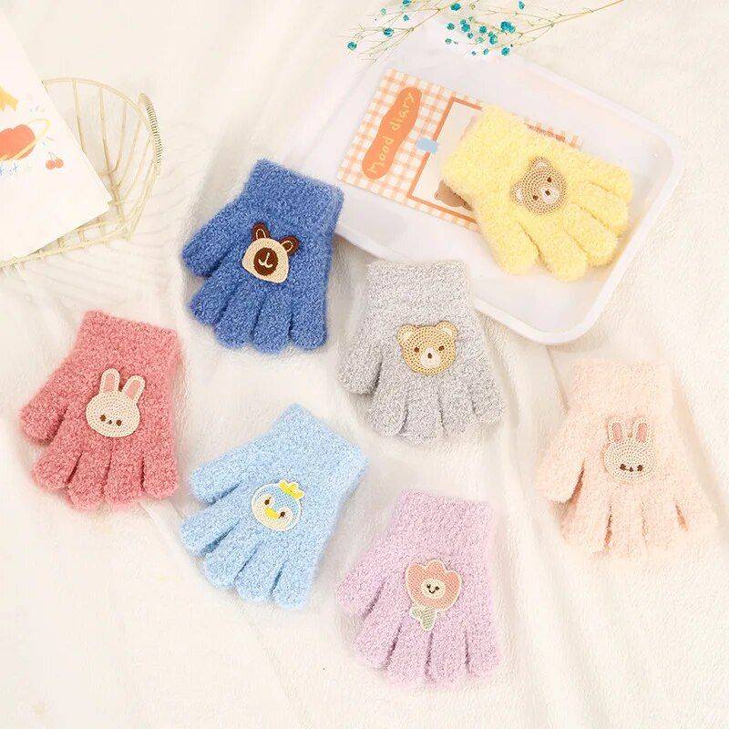 Cute Rabbit & Flower Baby Gloves – Acrylic Full Finger Mittens for Toddlers Gloves & Mittens