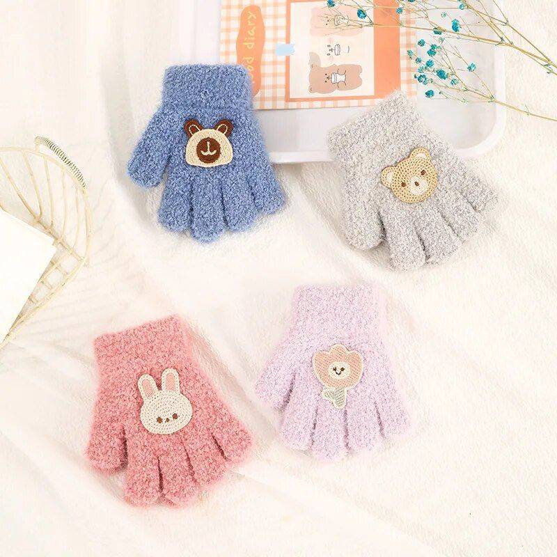 Cute Rabbit & Flower Baby Gloves – Acrylic Full Finger Mittens for Toddlers Gloves & Mittens