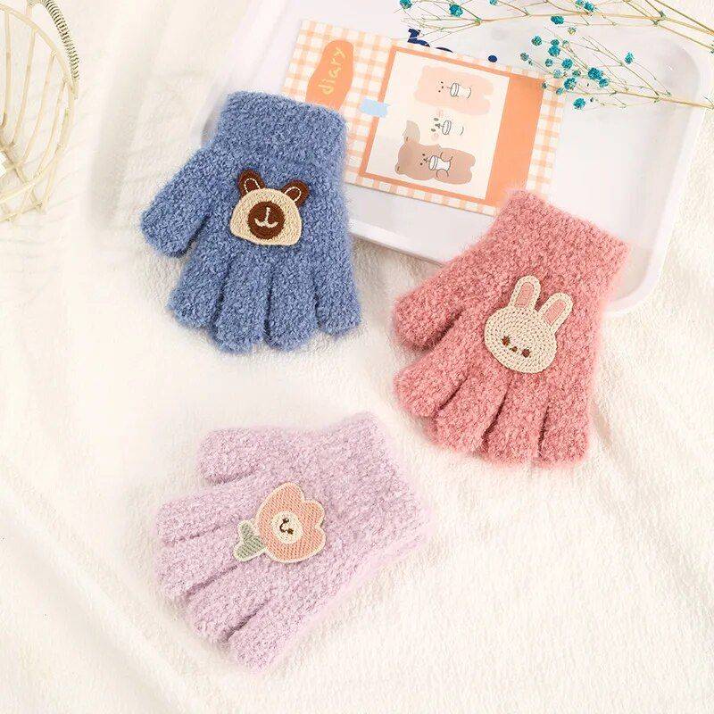 Cute Rabbit & Flower Baby Gloves – Acrylic Full Finger Mittens for Toddlers Gloves & Mittens