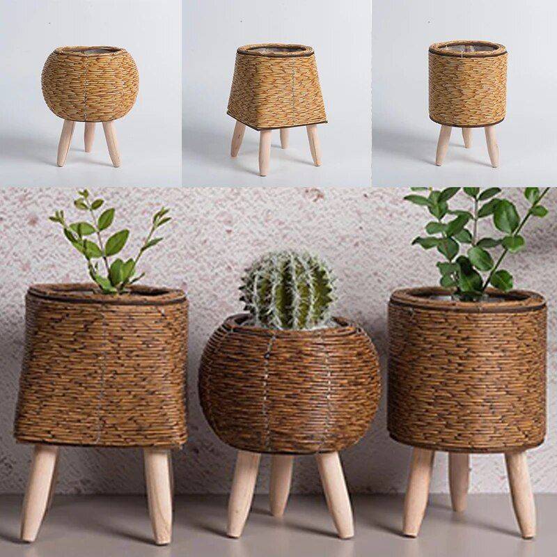 Elegant Nordic-Style Woven Plant Stand with Wooden Legs Storage Holders & Racks Shelves