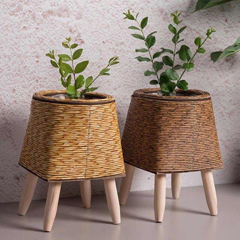 Elegant Nordic-Style Woven Plant Stand with Wooden Legs Storage Holders & Racks Shelves