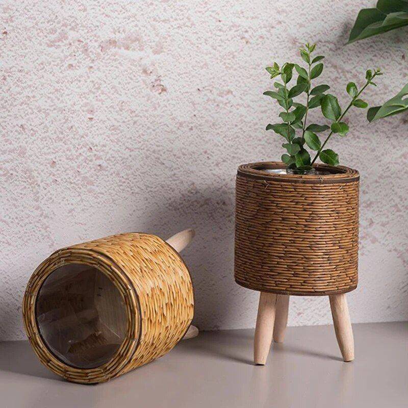 Elegant Nordic-Style Woven Plant Stand with Wooden Legs Storage Holders & Racks Shelves