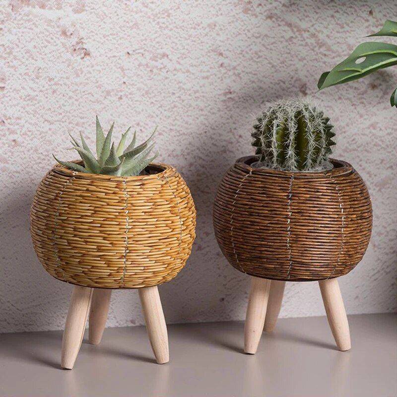 Elegant Nordic-Style Woven Plant Stand with Wooden Legs Storage Holders & Racks Shelves