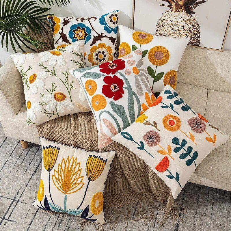 Embroidered Floral Canvas Cushion Cover Throw Pillows