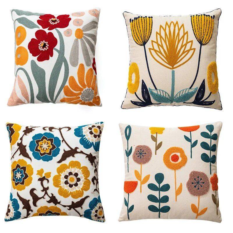 Embroidered Floral Canvas Cushion Cover Throw Pillows