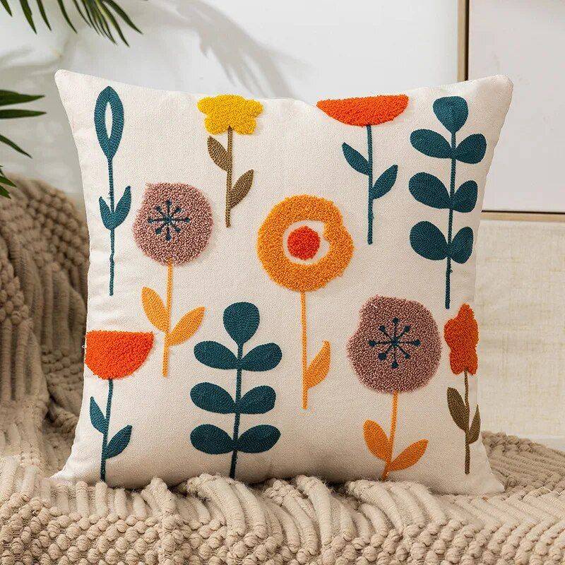 Embroidered Floral Canvas Cushion Cover Throw Pillows