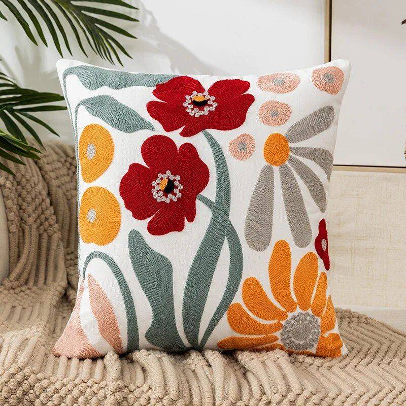 Embroidered Floral Canvas Cushion Cover Throw Pillows