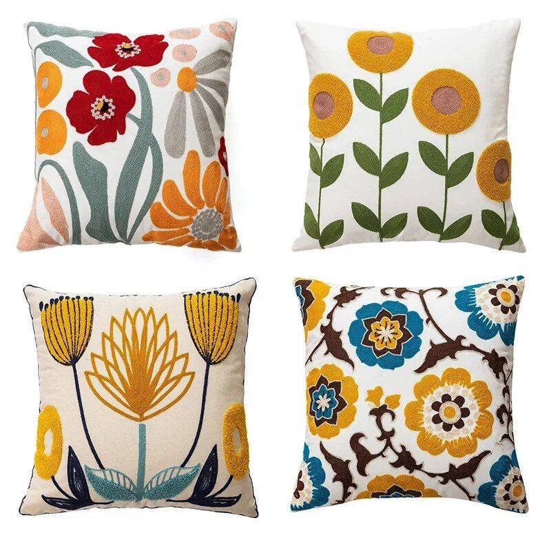 Embroidered Floral Canvas Cushion Cover Throw Pillows