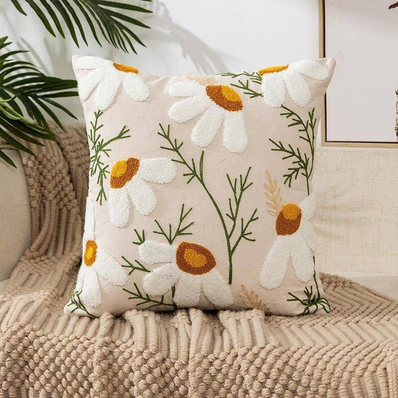 Embroidered Floral Canvas Cushion Cover Throw Pillows