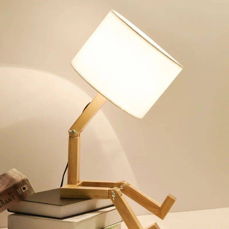 Modern Nordic Wooden Robot LED Table Lamp – Artistic Desk Light for Eye Protection Storage Holders & Racks Shelves