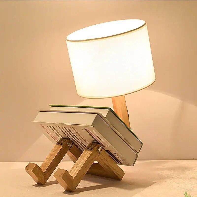 Modern Nordic Wooden Robot LED Table Lamp – Artistic Desk Light for Eye Protection Storage Holders & Racks Shelves