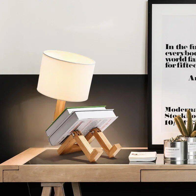 Modern Nordic Wooden Robot LED Table Lamp – Artistic Desk Light for Eye Protection Storage Holders & Racks Shelves