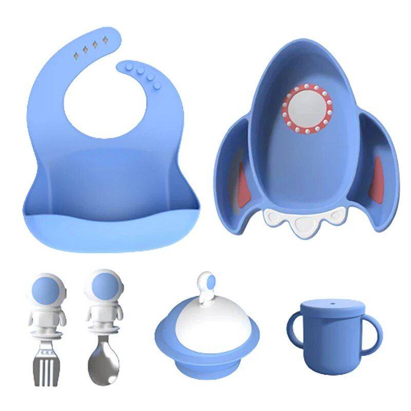 Silicone Baby Feeding Set: Bib, Divided Plate, Bowl, Cup, Spoon & Fork Feeding Utensils