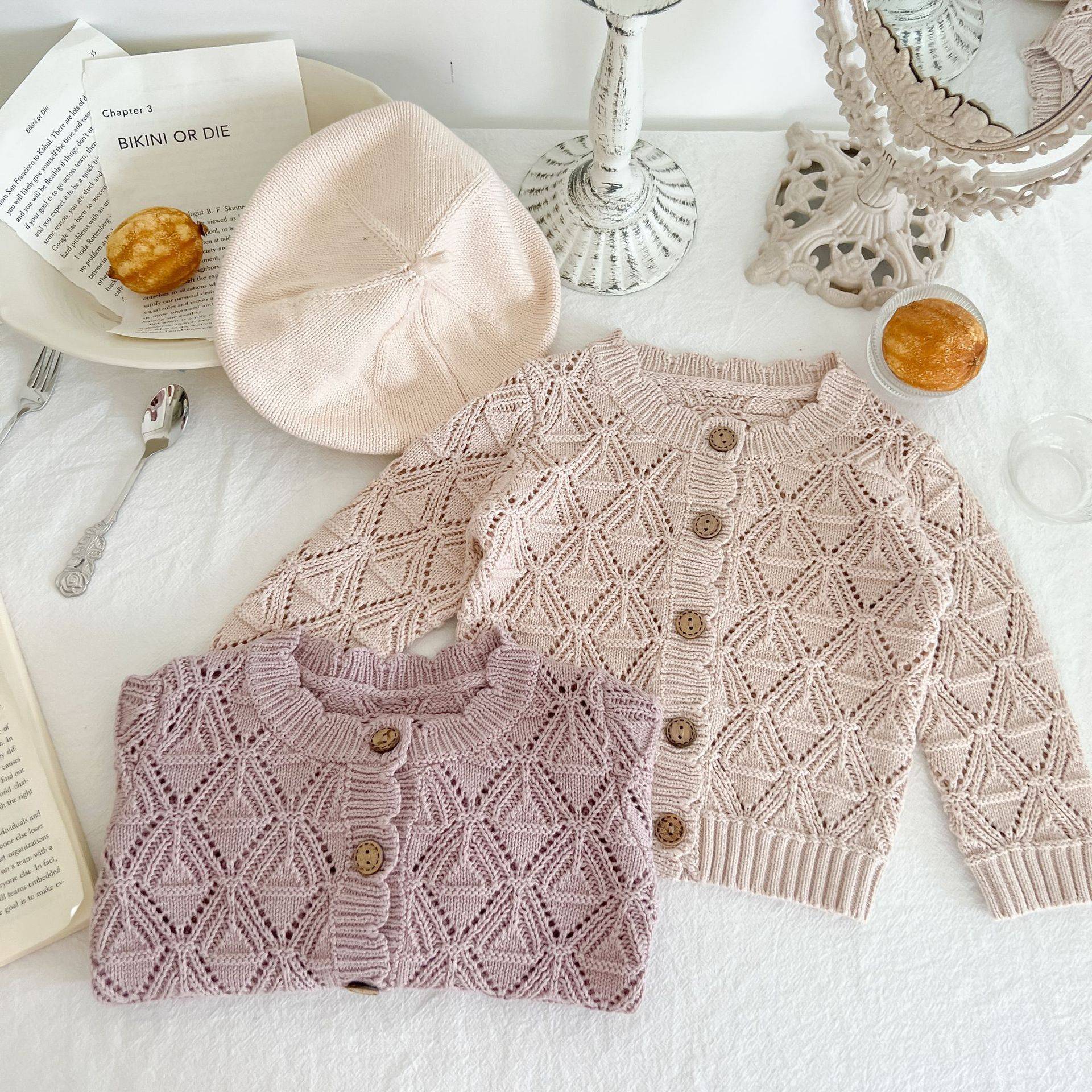 Vintage Knit Cotton Cardigan for Baby Girls – Hollow Long Sleeve Cozy Autumn Sweater Apparel