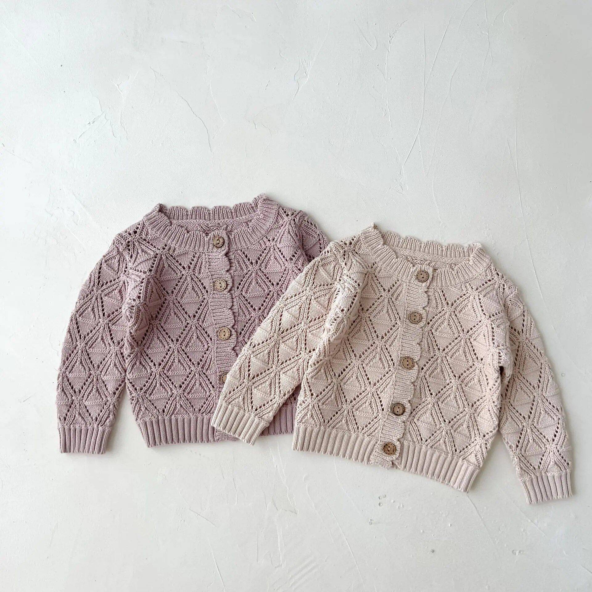 Vintage Knit Cotton Cardigan for Baby Girls – Hollow Long Sleeve Cozy Autumn Sweater Apparel