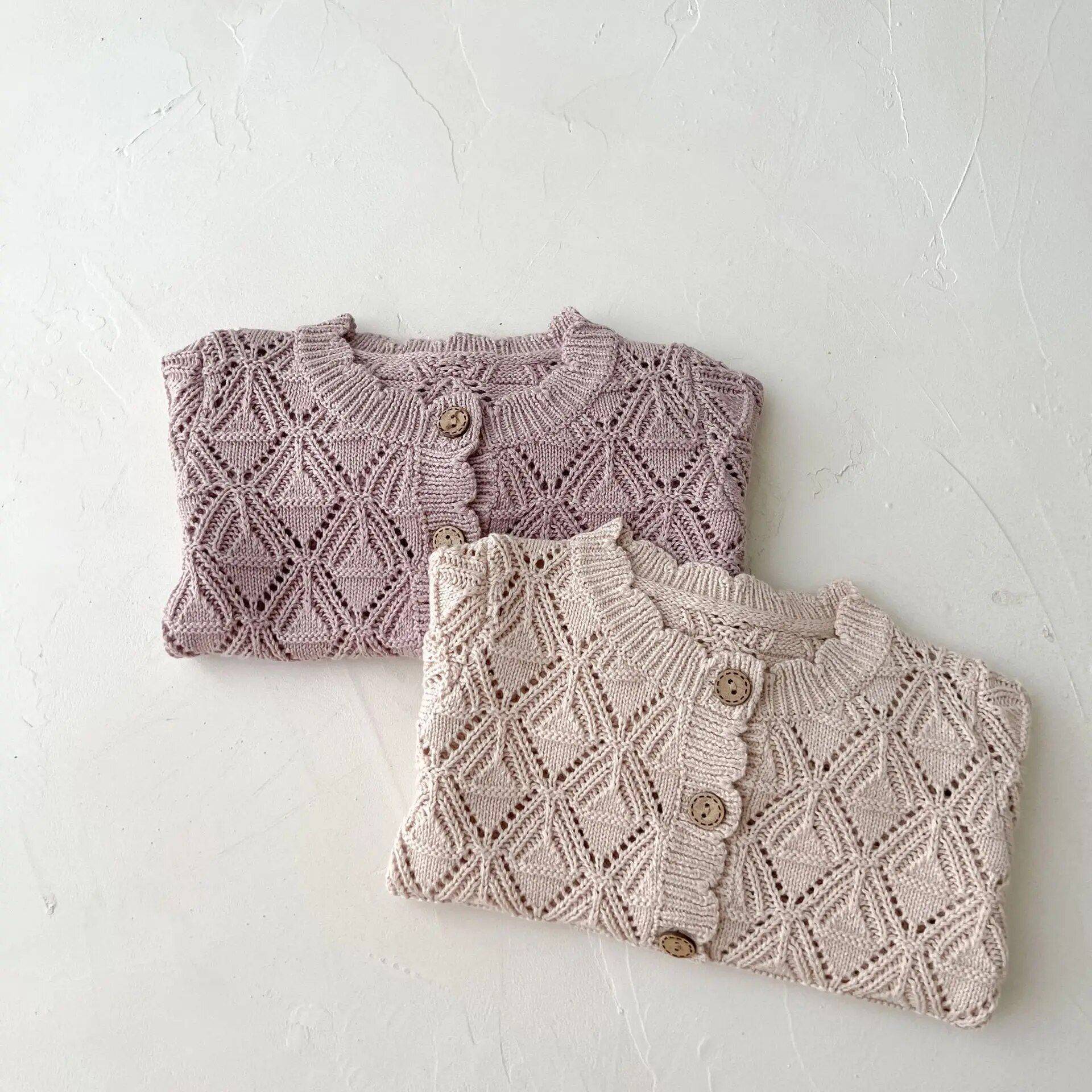 Vintage Knit Cotton Cardigan for Baby Girls – Hollow Long Sleeve Cozy Autumn Sweater Apparel