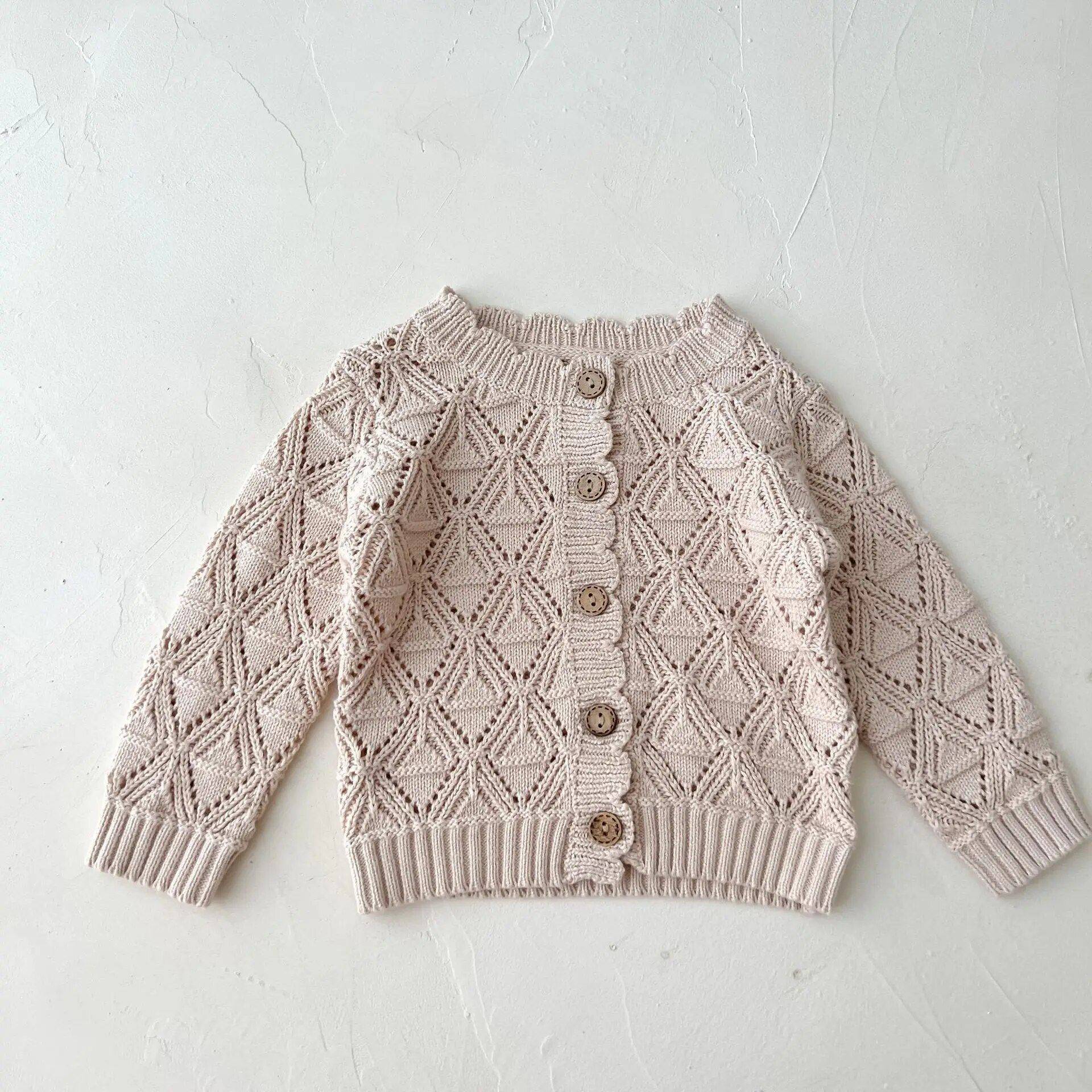 Vintage Knit Cotton Cardigan for Baby Girls – Hollow Long Sleeve Cozy Autumn Sweater Apparel