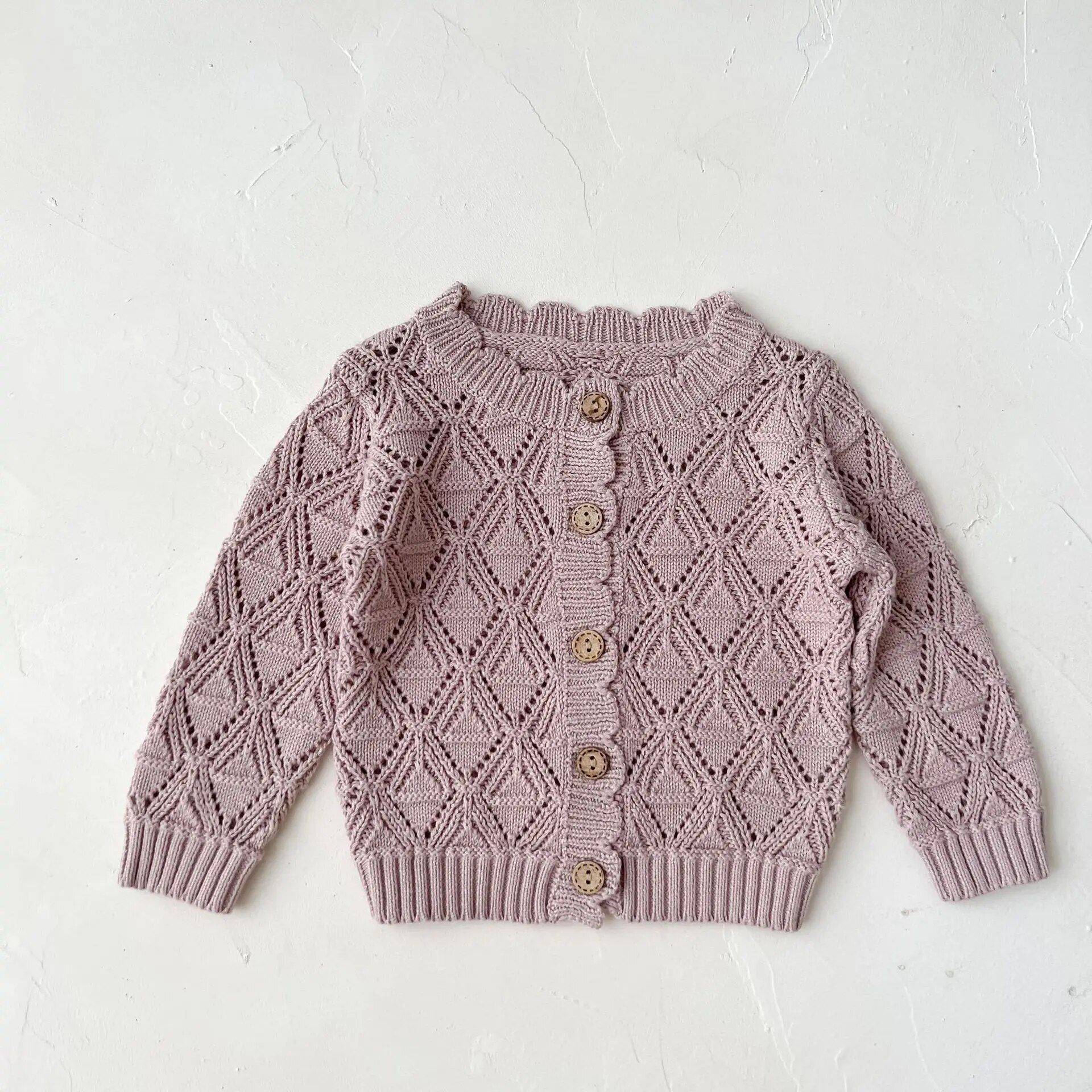 Vintage Knit Cotton Cardigan for Baby Girls – Hollow Long Sleeve Cozy Autumn Sweater Apparel