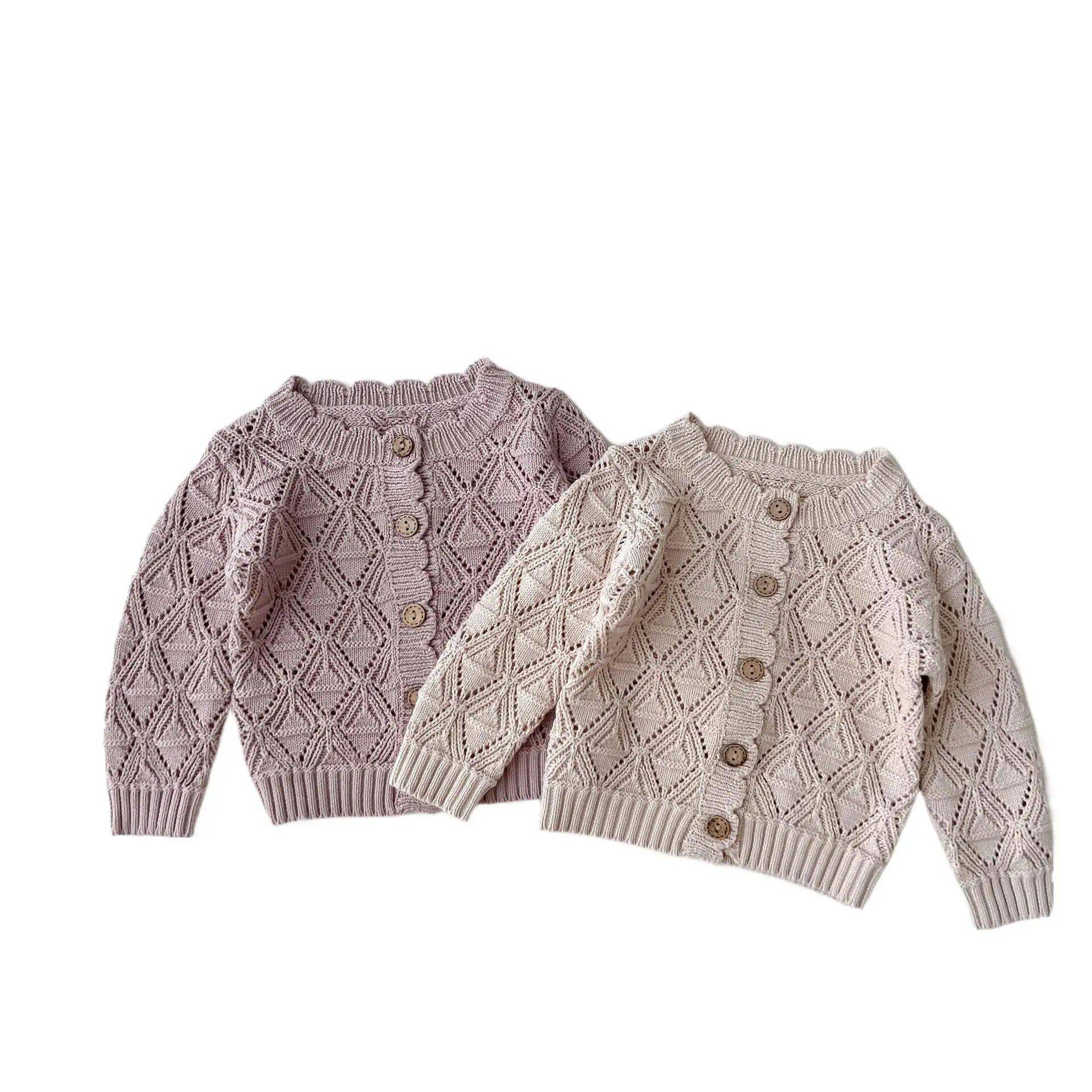 Vintage Knit Cotton Cardigan for Baby Girls – Hollow Long Sleeve Cozy Autumn Sweater Apparel